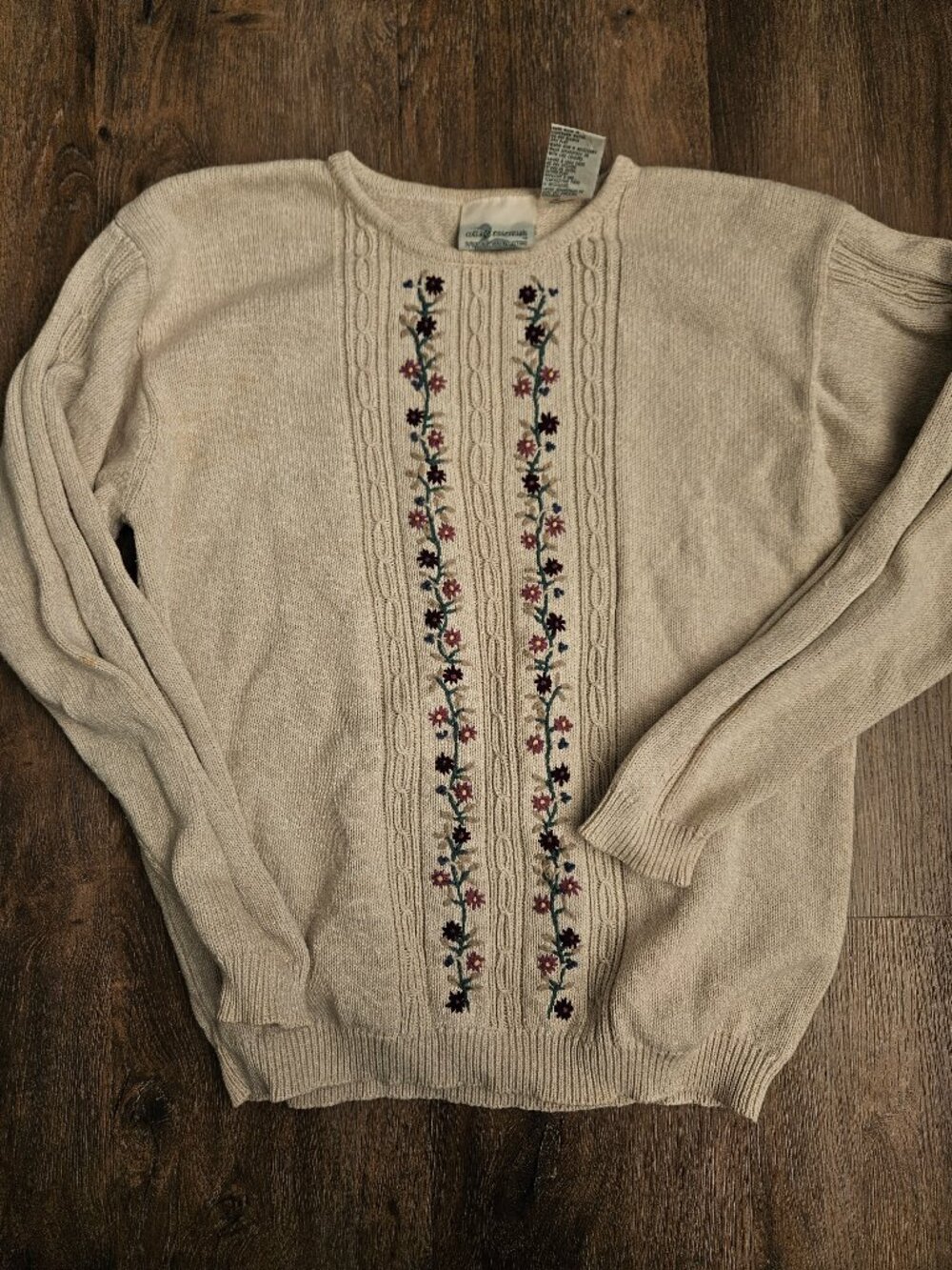 Tan brown 100% cotton floral embroidered cottage knit women's sweater M VTG
